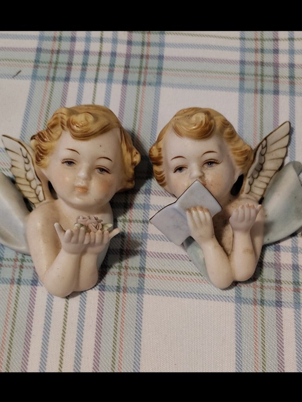 Vintage Ceramic/porcelain Angel Figurines Set of 2 Wall Decor Matte Finish